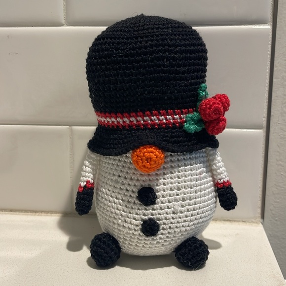 Handcrafted Snowman Gnome with Holly Winter Holiday Seasonal Christmas Crochet - Picture 5 of 12